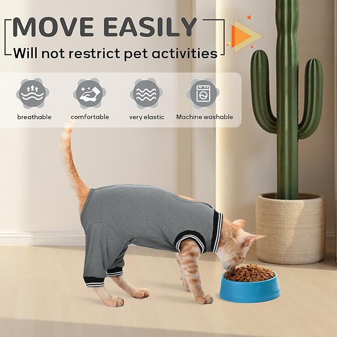 PUMYPOREITY Cat Recovery Suit for Hind Legs, Cat Surgical Spay Suit with Leg Sleeves to Stop Licking, Long Rear Sleeve Wound Cover Abdomen Kitten Onesie, Grey, S