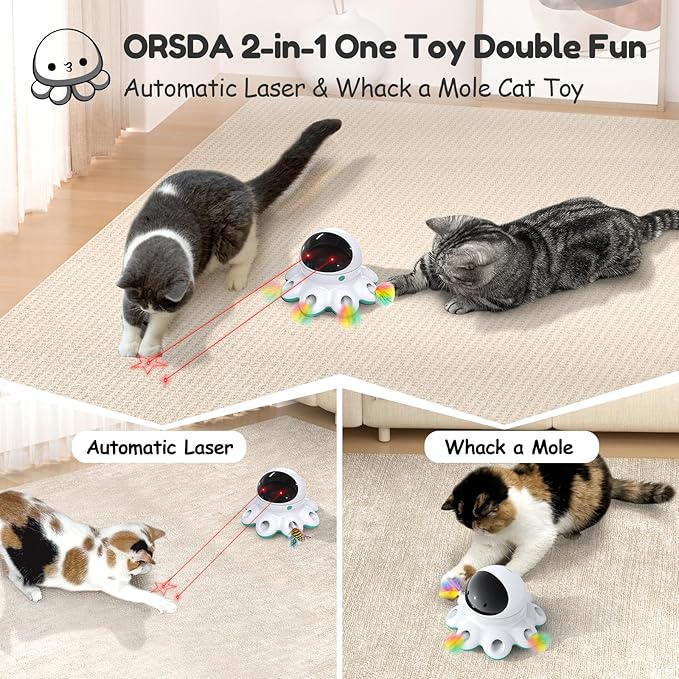 ORSDA Cat Laser Toy, 2-in-1 Interactive Automatic Motion Activated Moving 8 Holes Whack A Mole Feather, USB Rechargeable Electronic Smart Sensor Kitten Toys for Indoor Exercise