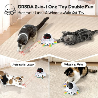 ORSDA Cat Laser Toy, 2-in-1 Interactive Automatic Motion Activated Moving 8 Holes Whack A Mole Feather, USB Rechargeable Electronic Smart Sensor Kitten Toys for Indoor Exercise