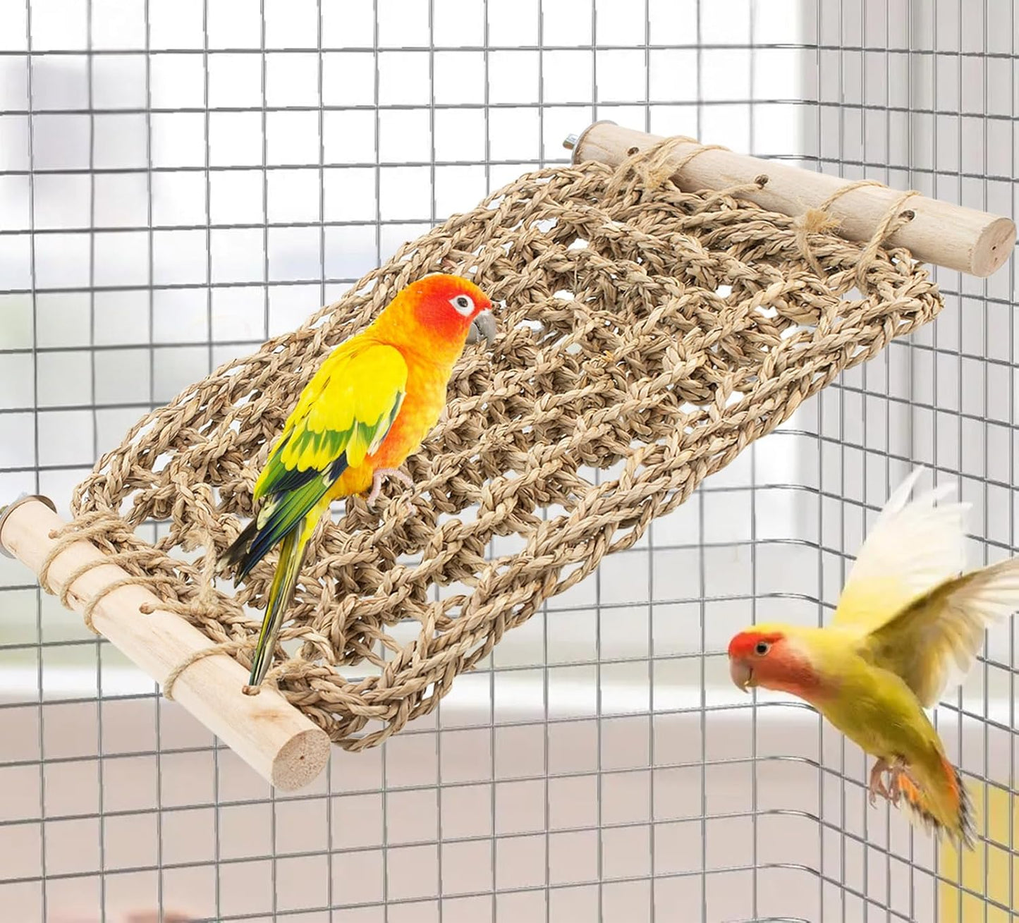 FlidRunest Conure Ladder Perch for Cage, Bird Seagrass Ladder Bridge Exercise Stands, Natural Hand-Woven Parrot Net Climbing Chewing Hammock, Cage Accessories for Lovebird Conure Budgie Parakeet
