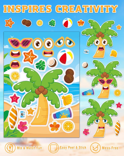 Aowplc 48 Sheets Summer Fun Make-a-Face Sticker Set for Kids – Create Your Own Faces with Beach, Tropical & Animal Stickers – Ideal Summer Crafts, Party Favors & Creative Activities