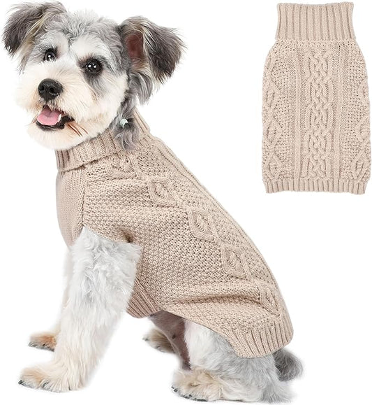 Dog Sweaters Small Dog Clothes Winter Turtleneck Puppy Sweater Warm Pet Cat Sweater Doggy Pullover Outfit with Twisted Design XS~XL(Beige, Large)