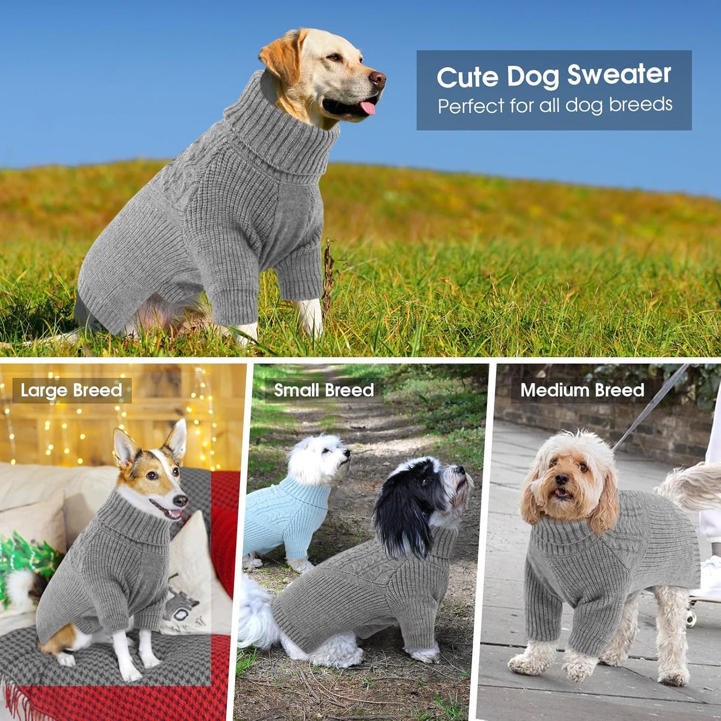 Queenmore Dog Sweaters for Medium Dogs,Soft Dog Sweater - Heavy Knitting Turtleneck Solid Pullover with Sleeve - Warm Winter Pet Coat for Casual Occasions/Christmas/Festive - Grey,M