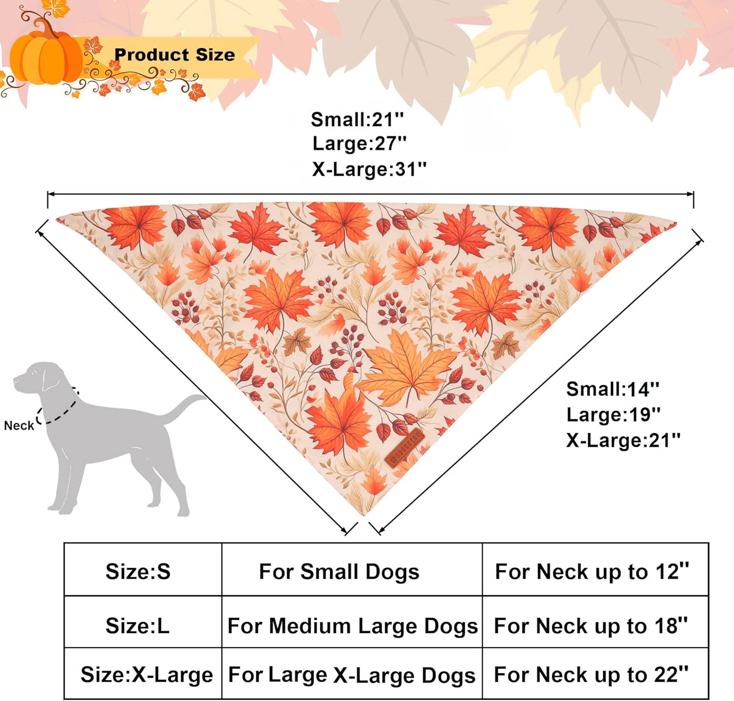 ADOGGYGO Fall Dog Bandana, Pumpkin Maple Leaf Autumn Thanksgiving Pet Scarf, Adjustable Fit Fall Bandanas for Medium Large Dogs Pets (Large)