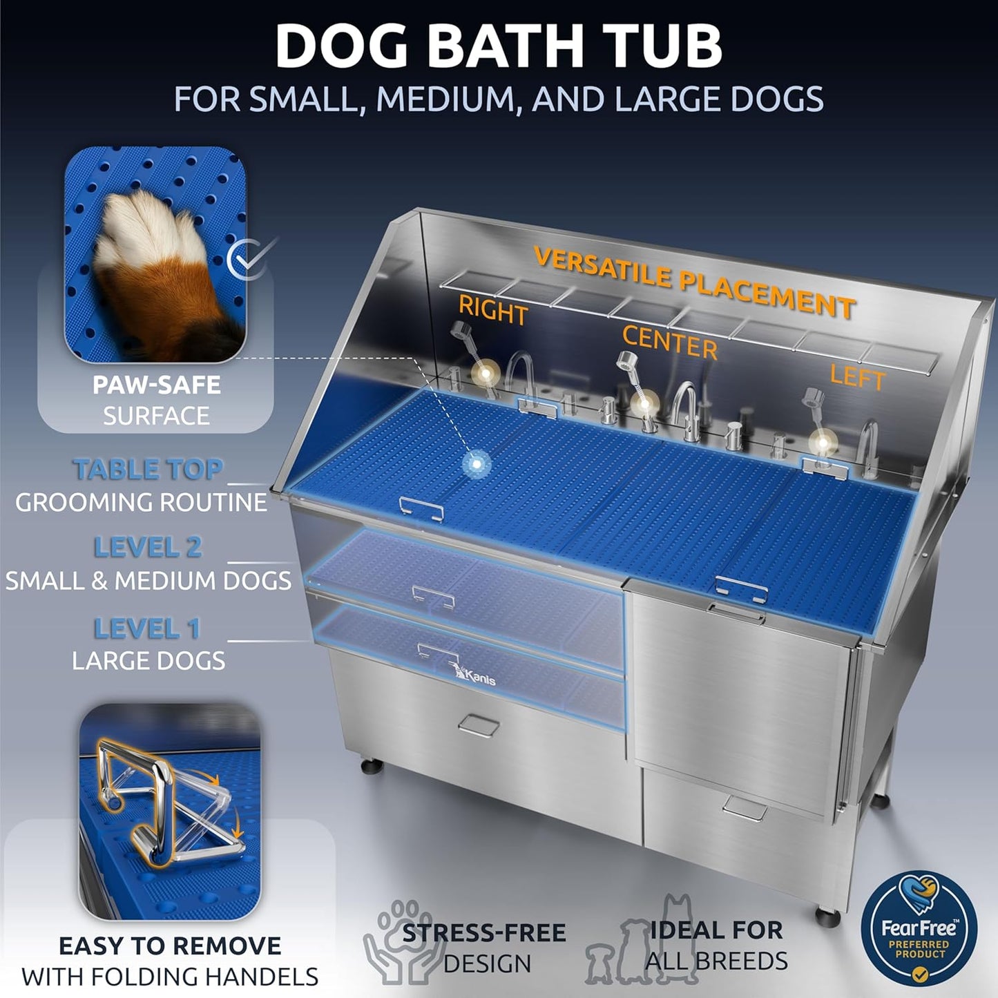 KANIS Professional Dog Washing Station - 304 Stainless Steel Pet Wash Sink & Grooming Bathtub w/Shower, Floor Grates and Storage for Large, Medium & Small Pets (61", 2 Drawers - Right Ramp)