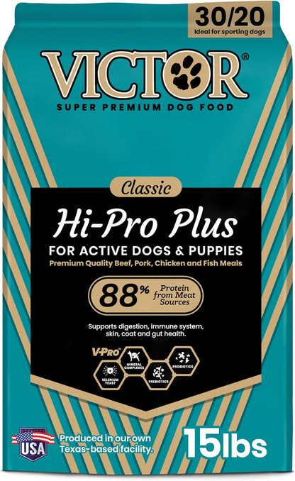 VICTOR Super Premium Dog Food – Hi-Pro Plus Dry Kibble – High Protein Dog Food with 30% Protein – Beef, Chicken, Pork, Fish Meals, Gluten Free - for High Energy and Active Dogs & Puppies, 15lbs