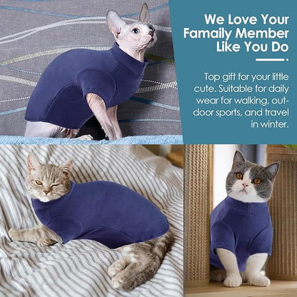 SUNFURA Turtleneck Sweater for Cat, Sphynx Cats Shirt Hairless Cat Sweaters with Sleeves, Warm and Soft Kitten Pullover Fleece Winter Pajamas Jumpsuit for Puppy Cats, Navy L
