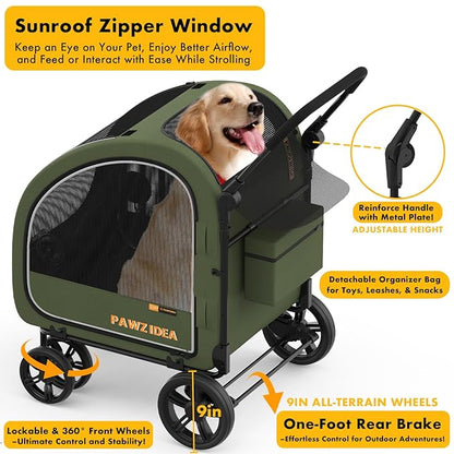 PAWZIDEA Large Dog Stroller with Detachable Carrier, Portable Dog Crate for Car Travel, Multiple Pet Strollers for Medium Dogs up to 80lbs, Adjustable Handle, All-Terrain 9” Wheels, Storage Organizer