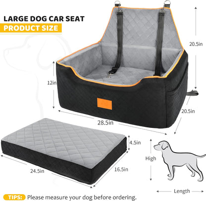 Dog Car Seat for Large/Medium Dog, Booster Seat for Dogs Under 55Lbs or 2 Small, Detachable and Washable Travel Pet Seat with Thick Cushion and Storage Pockets (Black/Gray)