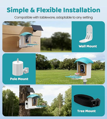 Bird Feeder with Camera Solar Powered: Smart Bird Feeders for Outdoors Garden with AI Identify Auto Capture 2K HD Bird House with Camera Outside WiFi Live View Birdfeeder Cam Gift for Birds Lover