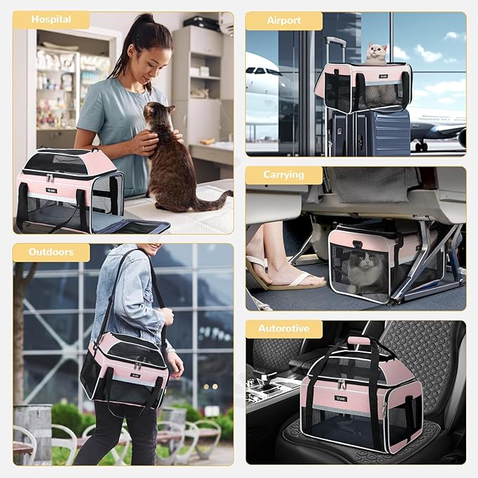 Lekereise Top-Expandable Pet Carrier - TSA Airline Approved Soft Sided Underseat Up to 12lbs Travel Carriers for Small Cats and Dogs with Locking Safety Zippers Anti-Scratch Mesh Pink
