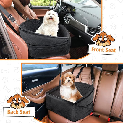 Dog Car Seat for Small Medium Dogs,Detachable Washable Dog Booster Seat Under 30lbs, Pet Car Seat Travel Bed with Storage Pockets and Dog Safety Belt (Black)