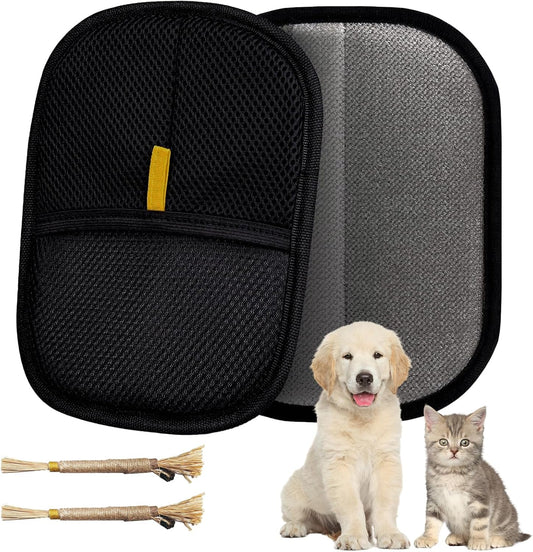 Pet Hair Removal Glove for Furniture, Carpet, Clothes and Car Seats, Electrostatic Cat & Dog Hair Removal Tool, Reusable Pet Hair Remover Glove with Silvervine Sticks (Black, 1 Glove & 2 Sticks)