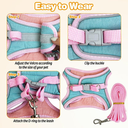 PINVNBY 2 Pack Bunny Hsrness and Leash Set Adjustable Rabbit Harness with Reflective Strips Double Buckle Pet Vest Eescape Proof for Small Rabbit Kitten Puppy Walks Accessories (Pink Green, M)