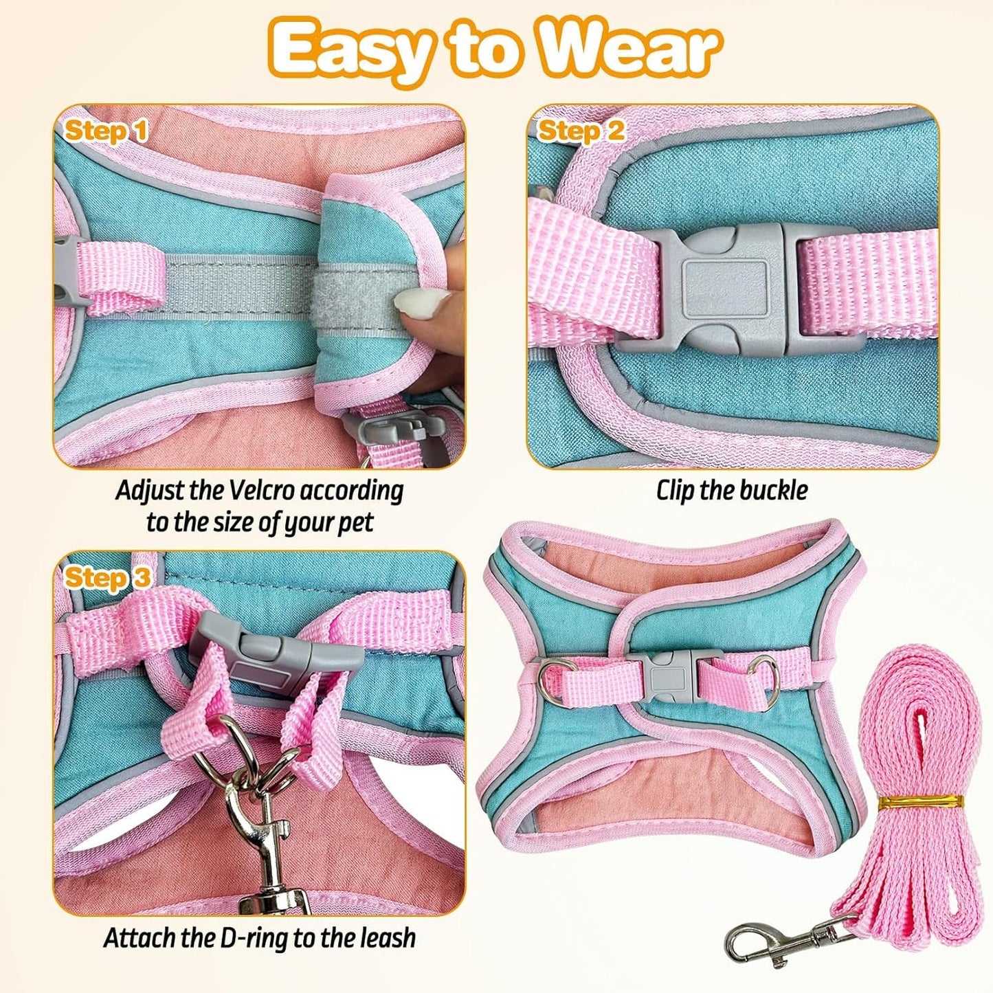 PINVNBY 2 Pack Bunny Hsrness and Leash Set Adjustable Rabbit Harness with Reflective Strips Double Buckle Pet Vest Eescape Proof for Small Rabbit Kitten Puppy Walks Accessories (Pink Green, S)