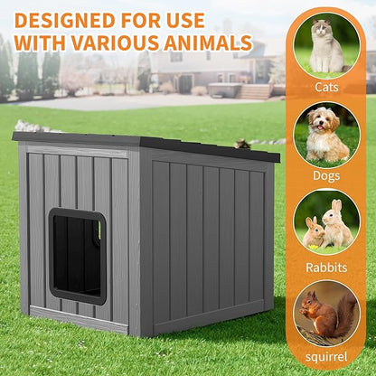KAMABOKO Outdoor Cat House, Weatherproof Plastic Cat Shelter for Indoor & Outdoor, Durable All-Season Pet House for Feral, Stray & Domestic Cats (Gray&Black)
