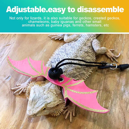 3 Sizes S/M/L Adjustable Soft Leather Bearded Dragon Leash and Harness Set with Cool Wings, Reptile Lizard Costume Accessories for Geckos, Iguanas, Small Pets, Outdoor Walking