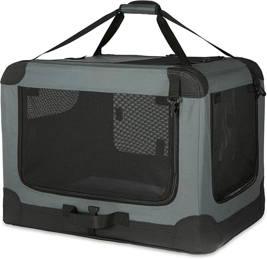 Amazon Basics 4-Doors Portable Soft-Sided Folding Travel Crate Kennel for cat, Dog, and Other Small Animals, Grey, M 30" x 21" x 21"