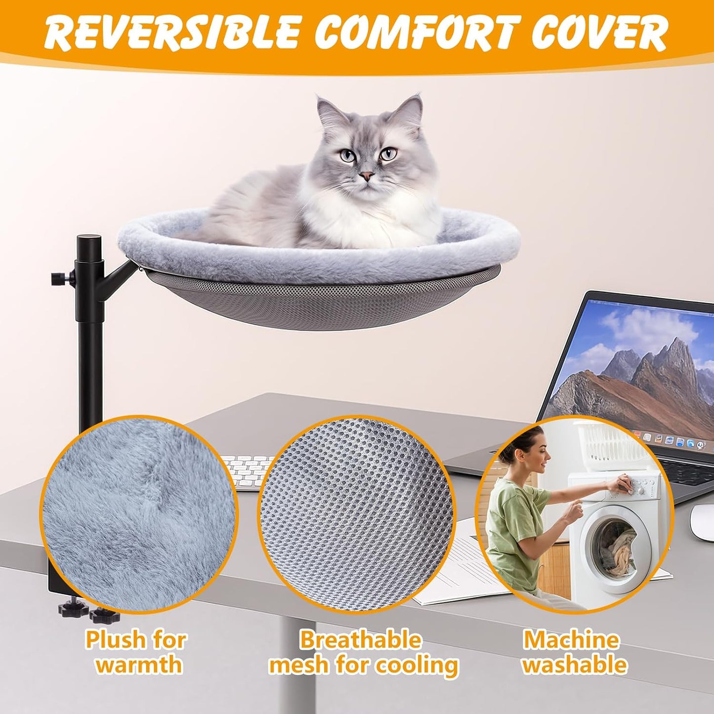 Cat Desk Bed,Sturdy Cats Bed for Desk,360° Rotating Cat Hammock Perch with Removable Washable Cover,Height Adjustable,Holds 40lbs - Perfect for Indoor CatsPerch