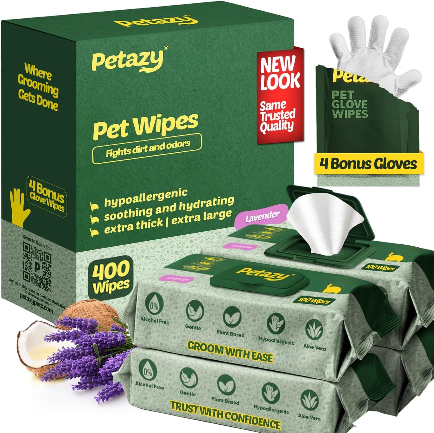 400 Dog Wipes for Paws and Butt Ears Eyes | Organic Pet Wipes for Dogs | Lavender Scented Dog Wipes Cleaning Deodorizing | Extra Thick Paw Wipes for Dogs Cats Pets | Bonus Glove Wipes Included