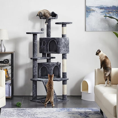 Yaheetech Cat Tree Tower, Multi-Level Large Plush Condo Cat Furniture with Sisal Scratching Posts and 2 Danglinge Balls Gray