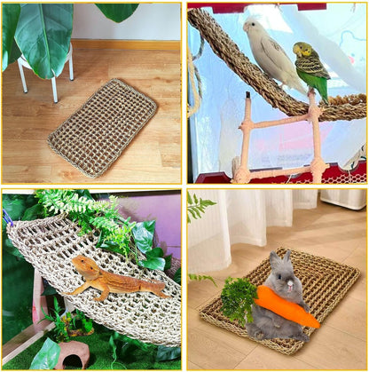 Large Bird Seagrass Mat 24 × 14 ''Natural Seagrass Woven Bird Net Hammock Climbing Rope Ladder with Hooks Chew Toy for Parrot Guinea Pig Lovebird Cockatiel Pigeon