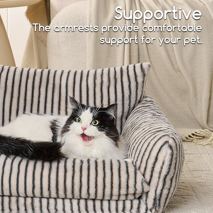 Hollypet Cat Bed Fluffy Plush Mutifuctional Double-Layer Soft Pet Couch Orthopedic Sofa Nest Beds for Small Cats and Dogs, Dark Gray Stripes (25x20x13 inch)