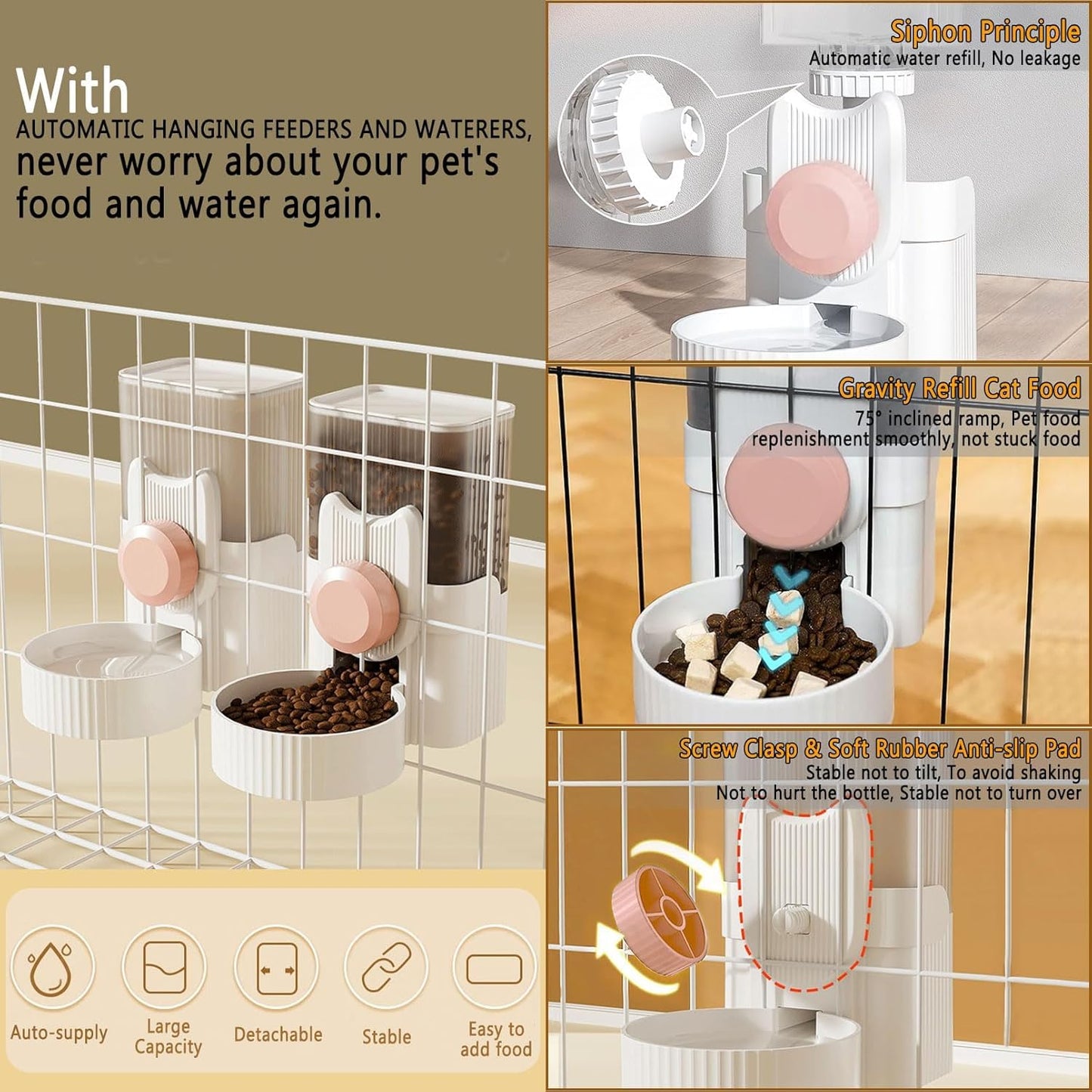 kathson Hanging Automatic Pet Food and Water Dispenser,Gravity Auto Rabbit Feeder for Cage,Guinea Pig Feeder and Waterer Set,Cat Food Bowl Dog Feeding Station for Bunny,Ferret,Chinchilla (Pink)