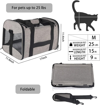 Cat Carrying Case - Pet Carrier Airline Approved, Protable and Breathable Pet Travel Carrier Removable Fleece Pad, Collapsible Cat Carrier Dog Carrier for Medium Cats Small Cats Dogs (Grey&Black M)