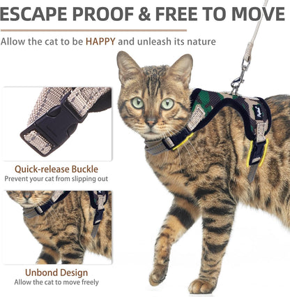 PUPTECK Cat Harness and Leash Set Escape Proof, Reflective Adjustable Soft Mesh Kitten Vest Harness for Walking Travel, Camouflage, M