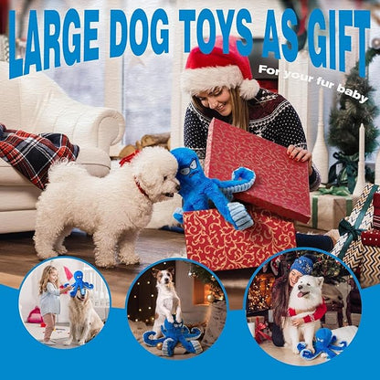 LEGEND SANDY Tough Dog Toys, Stuffed Chew Large Dog Toys to Keep Them Busy, Interactive Squeaky Tug of War Doggie Toy, Crinkle Blue Octopus (Blue Octopus 2p)