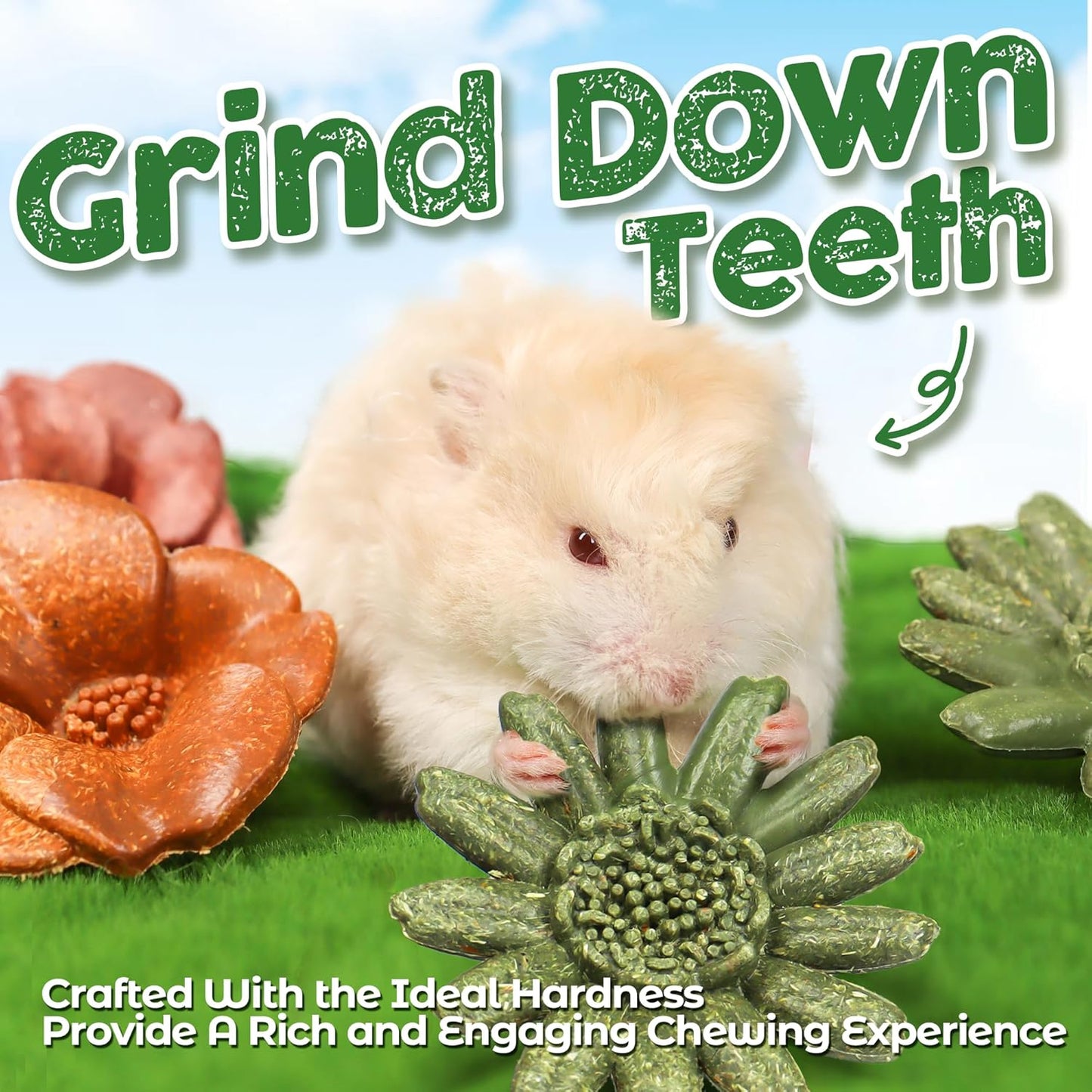 TEEWY Guinea Pig Chew Toys, Prevent Teeth Overgrowth, Natural Timothy Grass & Vegetables, Hamster Chew Toys, Guinea Pig Toys, Chinchilla Toys, 4PCS, Grass Patch & Flowers