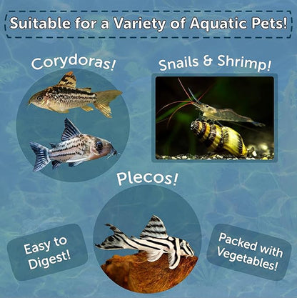 Aquatic Foods Inc. 12mm - 1/2" Small Sinking Wafers of Spirulina, Algae & Veggies for Plecos, Catfish, Shrimp, Snails, Crayfish, 12-Type Pellet Mix & 4-Type Wafer Mix Included 9.85oz Canister