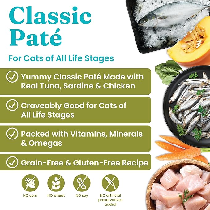 Solid Gold Wet Cat Food Pate - Healthy Canned Cat Food Pate w/Real Tuna & Sardine, Omega Fatty Acids, Vitamins & Minerals - Grain Free & Gluten Free Can Meals for Cats & Kittens - 3ct/3oz Cans
