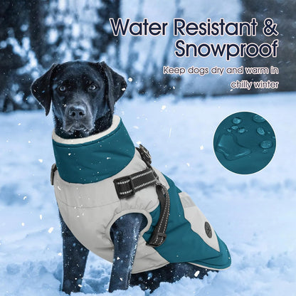 IECOii Dog Winter Coat with Harness Built in, Waterproof Windproof Dog Coats for Large Dogs, Thermal Fleece Cold Weather Jackets with Zip, Outdoor Warm Snow Jacket Reflective, Turquoise Green, XL