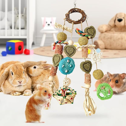 Bunny Chew Toy, Rabbits Cage Hanging Chew Toys and Treats Rattan Ring with Snacks Water Grass Wooden Block Carrot for Guinea Pigs Chinchillas Hamsters Rats and Other Small Pets Teeth Grinding