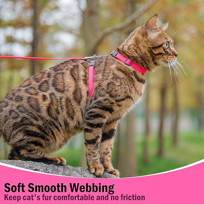 PUPTECK Adjustable Cat Harness and Leash Set Escape Proof Kitten Strap Collar for Walking Travel, Hot Pink, M