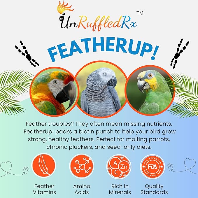 UnRuffledRx FeatherUp! Bird Vitamins with Biotin for Beautiful Plumage - Feather Growth Supplements for Parrots - 90 gm - 240 Servings