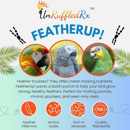 UnRuffledRx FeatherUp! Bird Vitamins with Biotin for Beautiful Plumage - Feather Growth Supplements for Parrots - 90 gm - 240 Servings