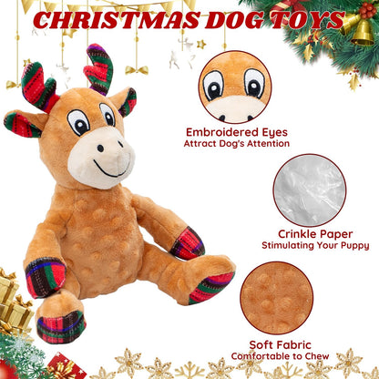 Dog Christmas Reindeer Plush Toys with Squeaker, Soft Pet Teeth Toys for Small & Medium Dogs