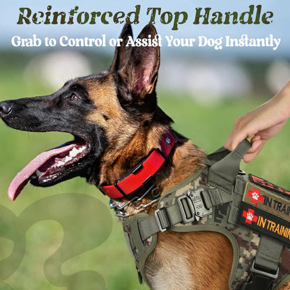 rabbitgoo Tactical Dog Harness Medium Sized, Heavy Duty Pet Harness with Handle, No-Pull Service Vest Medium Breed, Adjustable Military Dog Vest for Training Hunting Walking, Green Camo, M