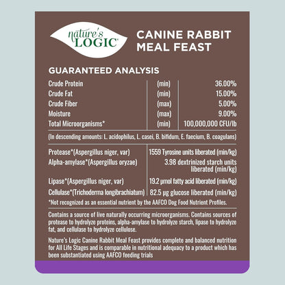 NATURE'S LOGIC Dry Dog Food - 100% Natural - No Synthetics - for All Ages, Sizes, Breeds - Free from Common Allergens, High Protein - Rabbit Meal Feast, 13lbs