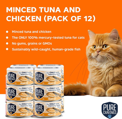 Pure Cravings Minced Tuna and Chicken Wet Canned Cat Food, 100% Mercury-Tested, Moist Can Fish for Cats, Grain-Free, Protein, Non-GMO, 3oz, Pack of 12