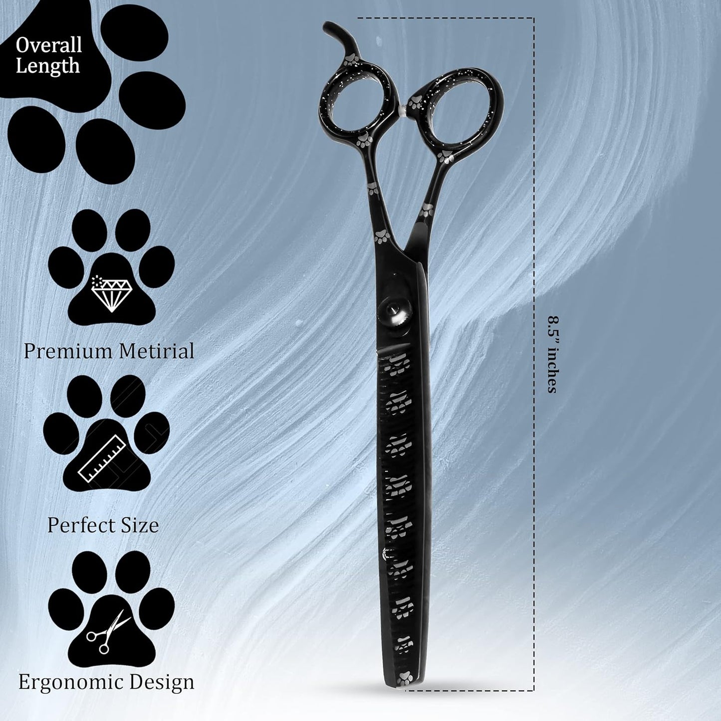 Professional Dog Grooming Thinning Scissors/Blender Shears with Paw Prints for Dogs, Cats & Pets (Right Handed, Black, Stainless Steel 8 Inch)