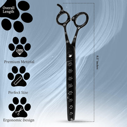Professional Dog Grooming Thinning Scissors/Blender Shears with Paw Prints for Dogs, Cats & Pets (Right Handed, Black, Stainless Steel 8 Inch)