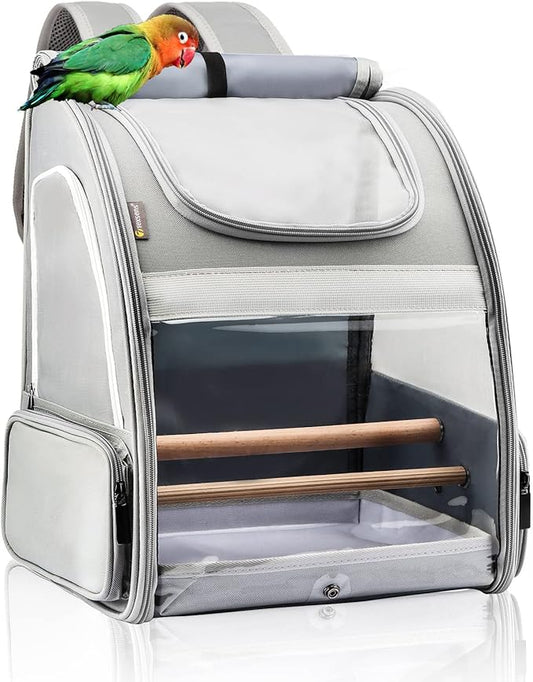 Texsens Bird Carrier Backpack - Pet Travel Cage with Upgraded Tray and Standing Perches, Breathable & Portable, for Small Birds, Green Cheek, Cockatiel, Parrot (Grey)