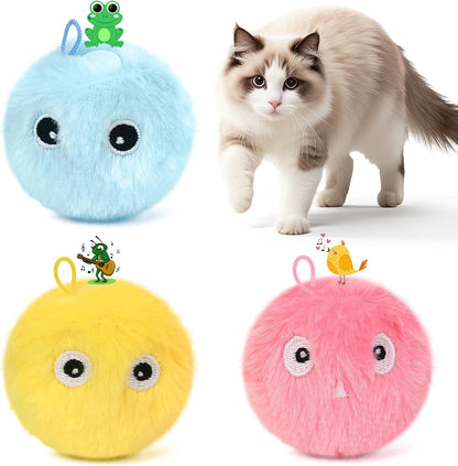 Chirping Cat Toy Balls-Upgraded 3-Pack Fluffy Interactive Kicker with 3 Lifelike Animal Sounds,Battery-Operated,Auto-Activated,Perfect for Indoor Kitty Kitten Exercise,Stimulates Play,Durable Design