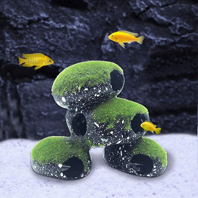 PINVNBY Stone Aquarium Hideaway Decoration Resin Cichlids Rock Decor with Artificial Moss Betta Cave Hideout Shelter Tunnel Fish Tank Ornament for Shrimp,Short Bream and Crayfish(L)