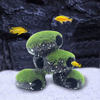 PINVNBY Stone Aquarium Hideaway Decoration Resin Cichlids Rock Decor with Artificial Moss Betta Cave Hideout Shelter Tunnel Fish Tank Ornament for Shrimp,Short Bream and Crayfish(L)