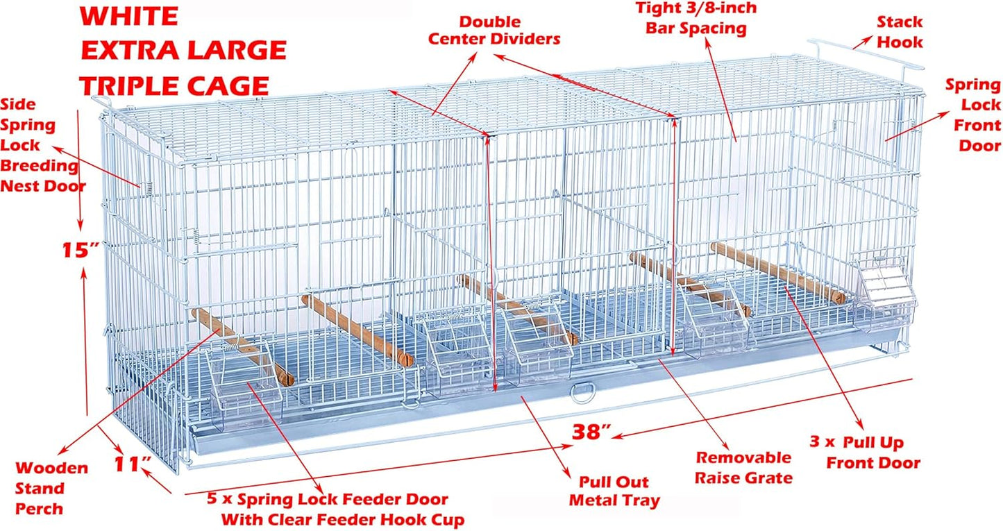 Lot-2 Extra Large 38"x11"x15"H Triple Stackable Breeder Bird Flight Cage Side Breeding Nest Box Doors with Double Removable Divider